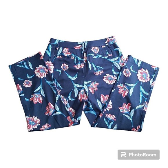 LANDS' End Womens Mid Rise Straight Leg Dark Blue Floral Crop Pants - Size 8 - Picture 2 of 6
